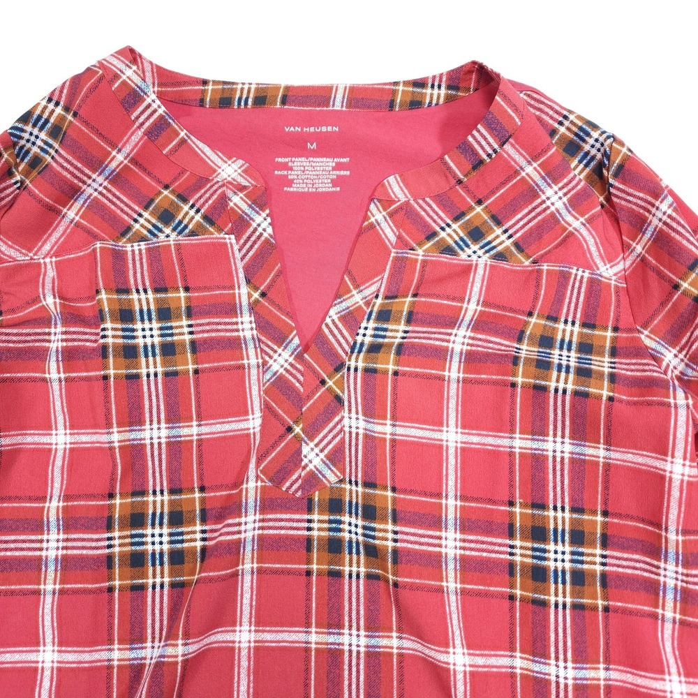Van Heusen Red Plaid Tunic Top Womens Medium V‎ Neck 3/4 Sleeve